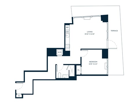 Floor plan for 1 bed, 1 bath, 730 sqft